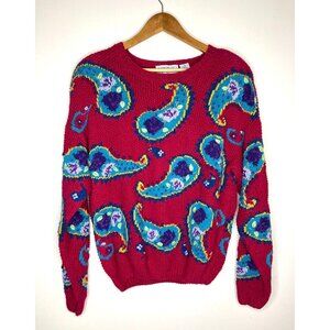 Vintage Hand Knitted Northern Isles Paisley Sweater 90's Y2K New Fuchsia